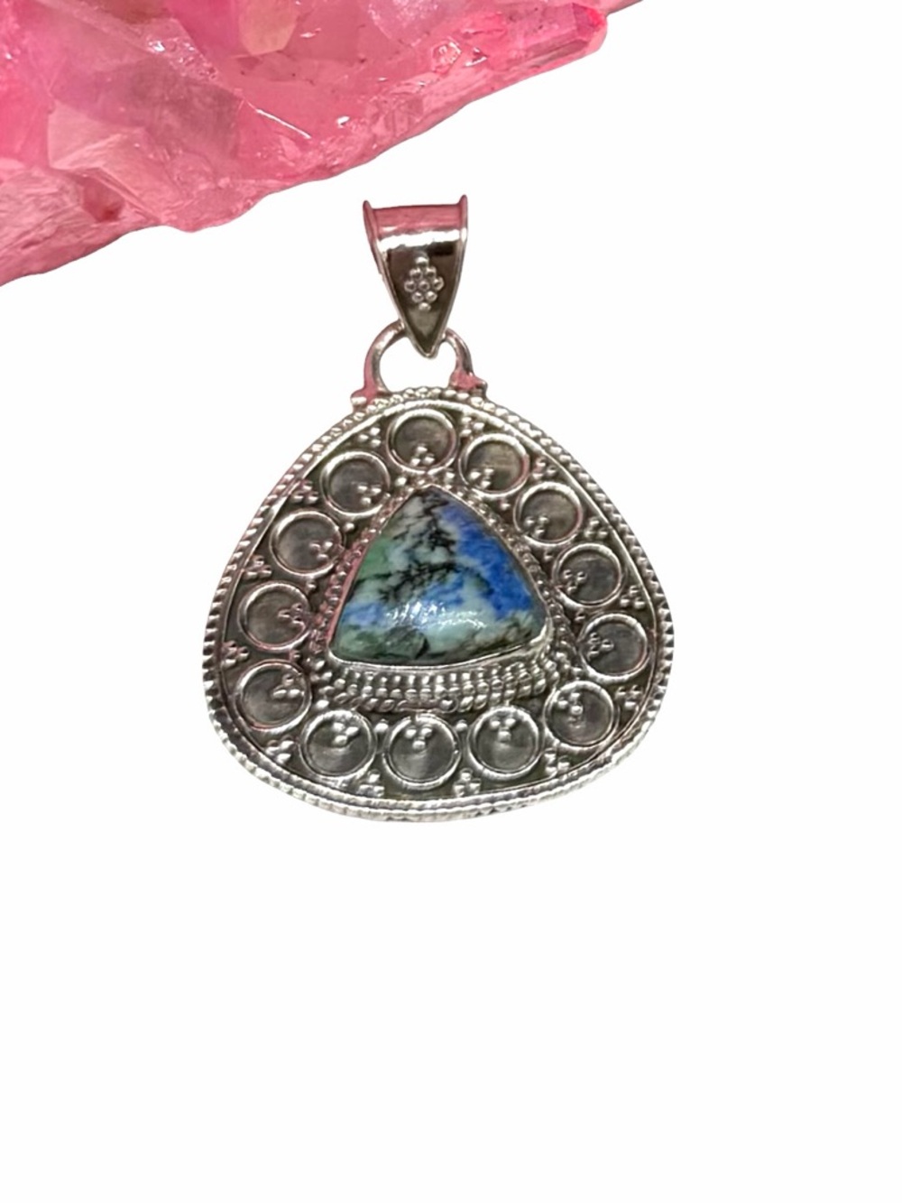 Turquoise Azurite Necklace Pendant Trillion Cut Solid 925 Sterling Silver